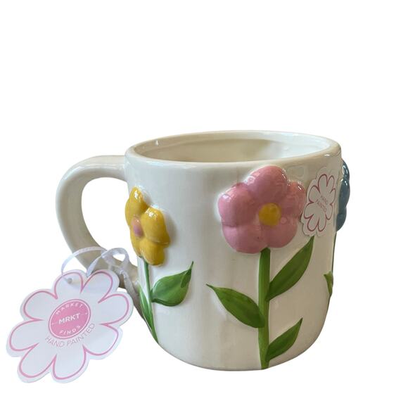 Hand Painted 3D Spring Floral Ceramic Mugs Pink Blue Yellow Set of 2 NEW - Picture 5 of 16